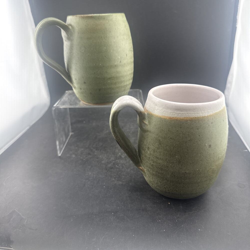 2 Handcrafted Ceramic Mugs Set Sage Green Pottery Coffee Cups Art Studio